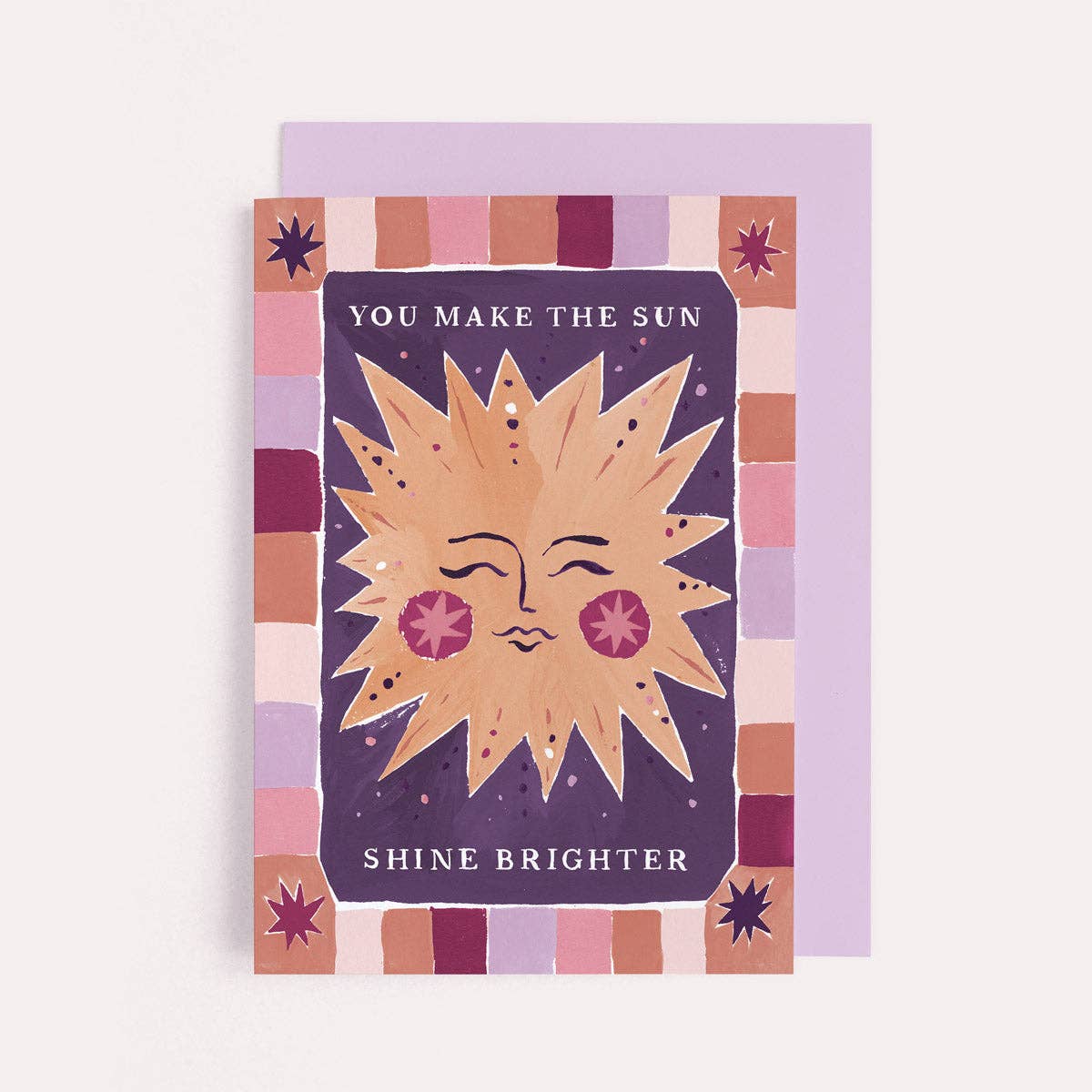 sister paper co. - you make the sun shine brighter card with purple envelope on bright background - winter's moon
