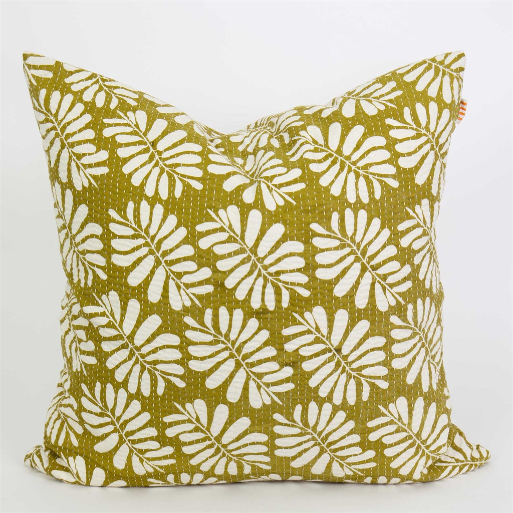 Leaf patterned cushion with stitching - Winter's Moon