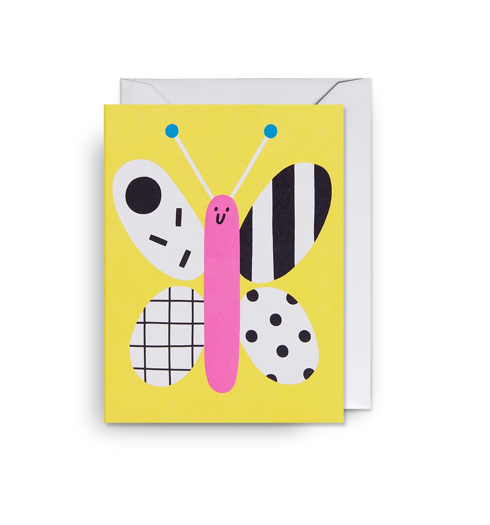 A cheerful mini card featuring a colourful butterfly illustration by artist Susie Hammer for Lagom Design, on a sunny yellow background.