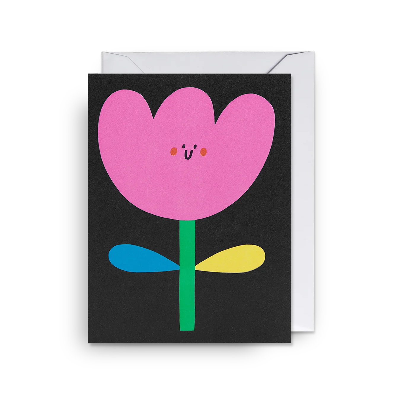 A  black mini card with a colour-block flower illustration by Susie Hammer. 