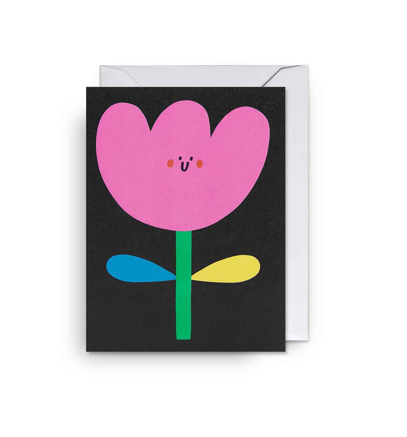 A  black mini card with a colour-block flower illustration by Susie Hammer. 