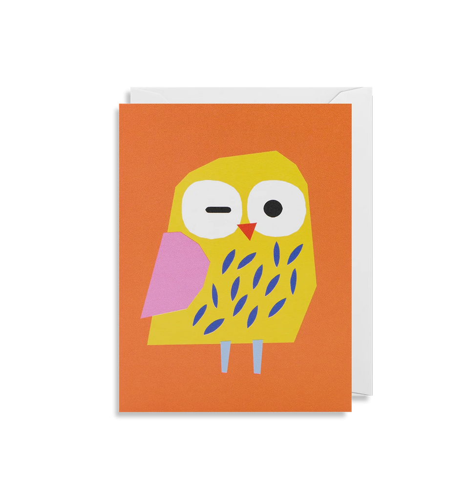 An orange mini card for kids by illustrator Ekaterina Trukhan, featuring a colourful yellow owl