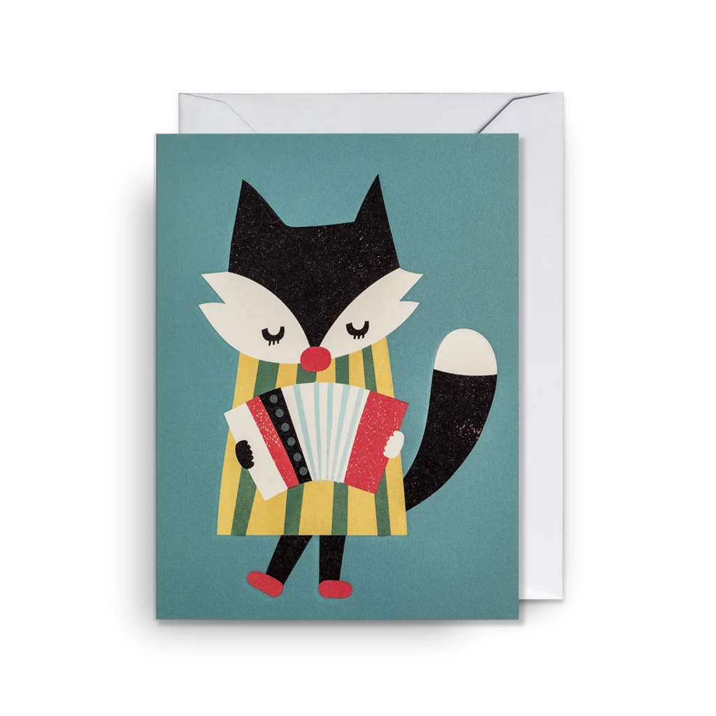 A mini greetings card by Lagom Design, featuring a musical creature playing an accordian on a pale blue background. For any occasion.