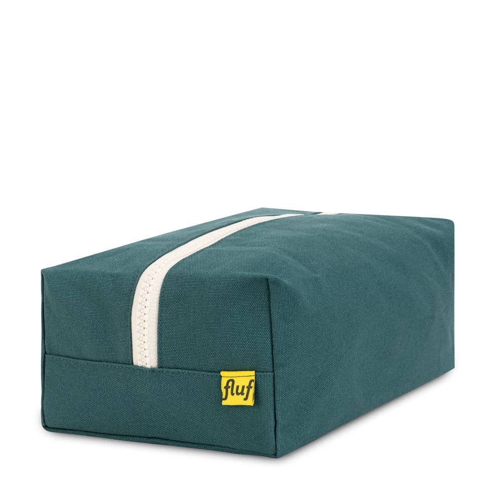 Teal rectangular box with a white stripe and yellow 'fluf' label on a white background