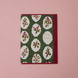 Hand Block Printed Greetings Card - Scallop Tiles Holly Green