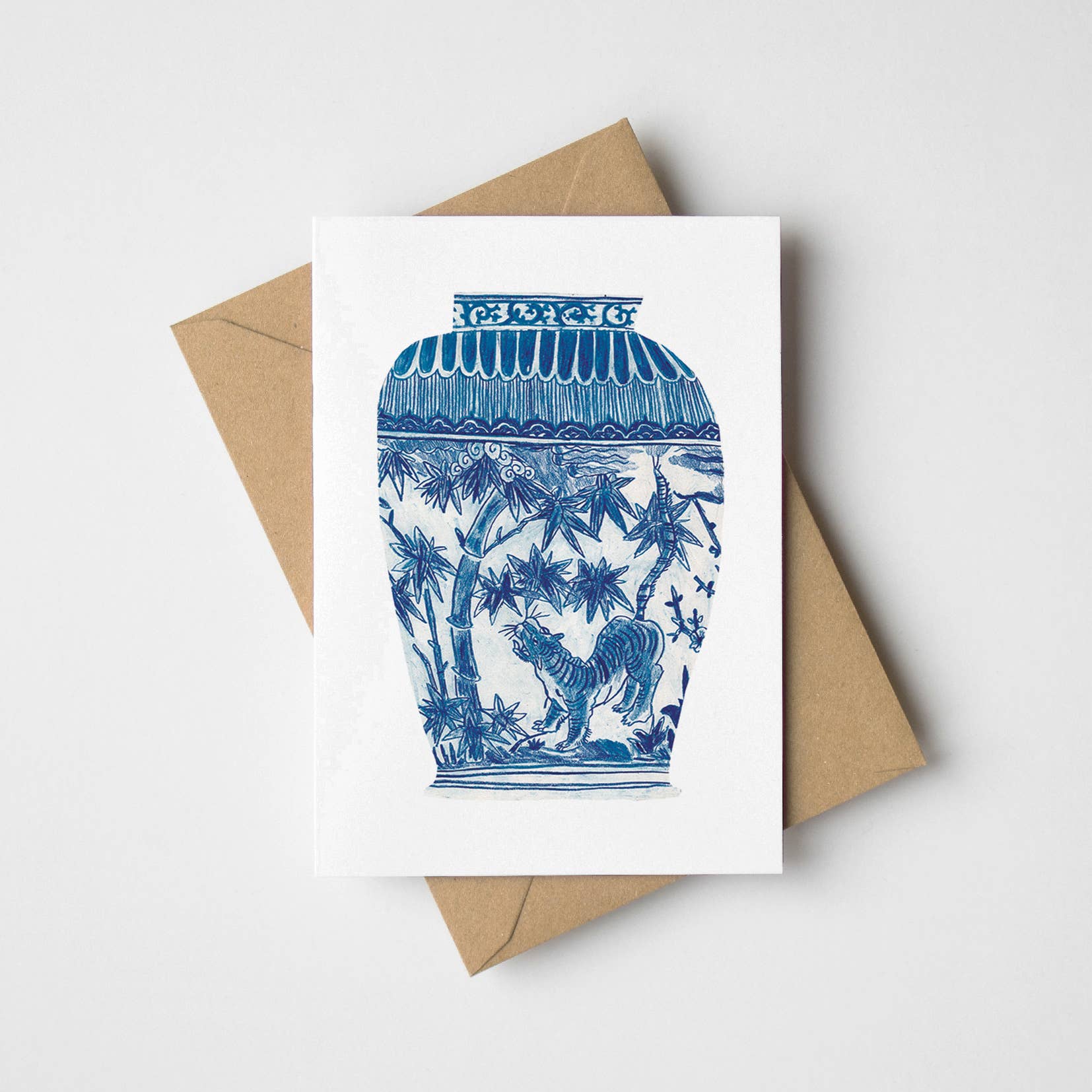 james barker - mini greetings card with blue japanese vase illustration on pale background - winter's moon