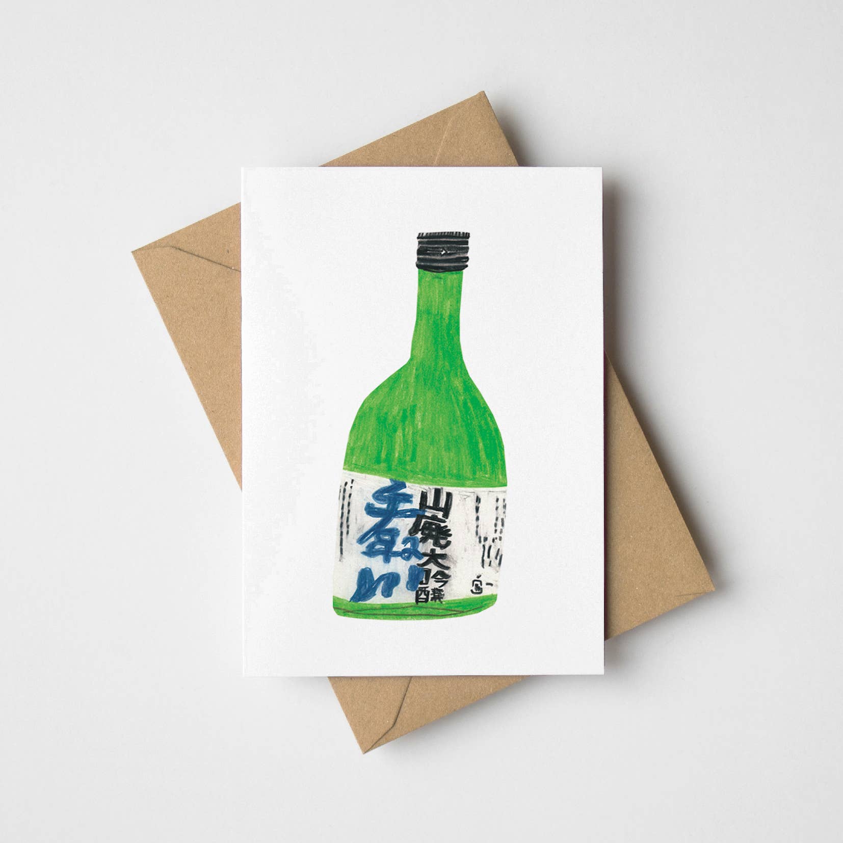 james barker - mini greetings card with green sake bottle illustration on pale background - winter's moon