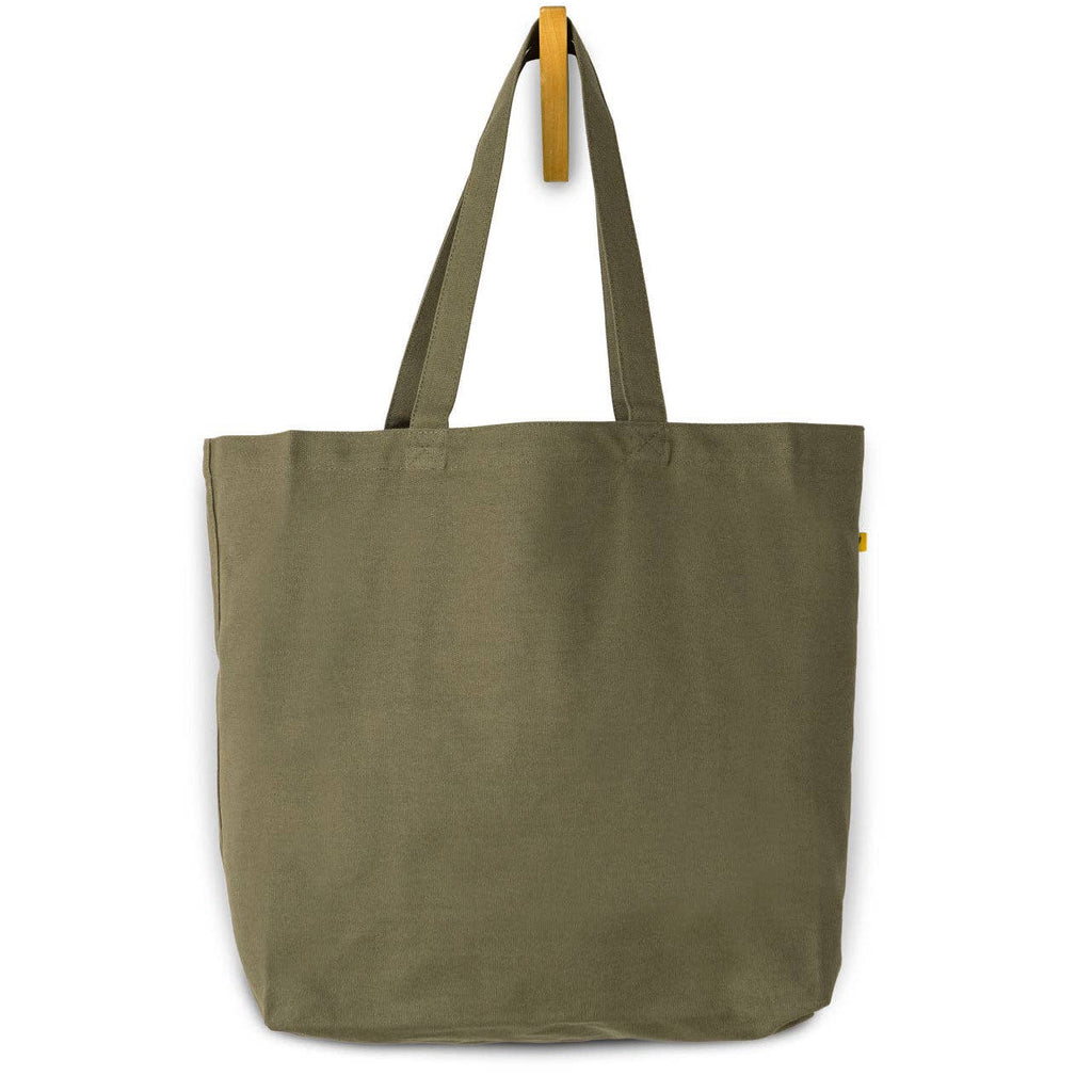 Green tote bag with a yellow tag on a white background