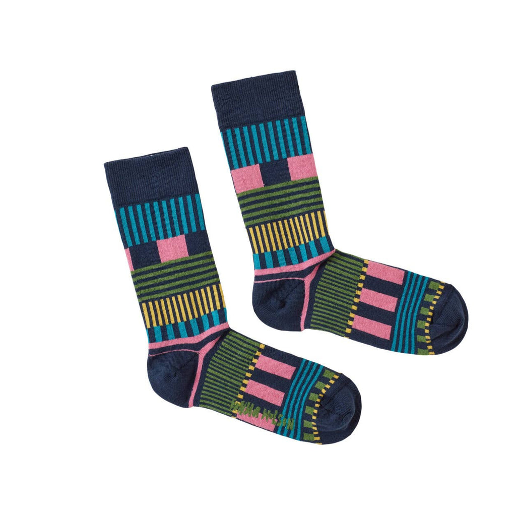 Pair of patterned socks on a white background