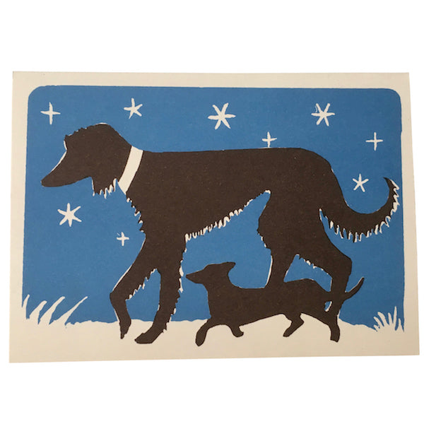 Greetings card featuring two dogs on a blue, starry background. Designed by Cambridge Imprint