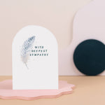 sister paper co - deepest sympathy feather card stood on table - winter's moon