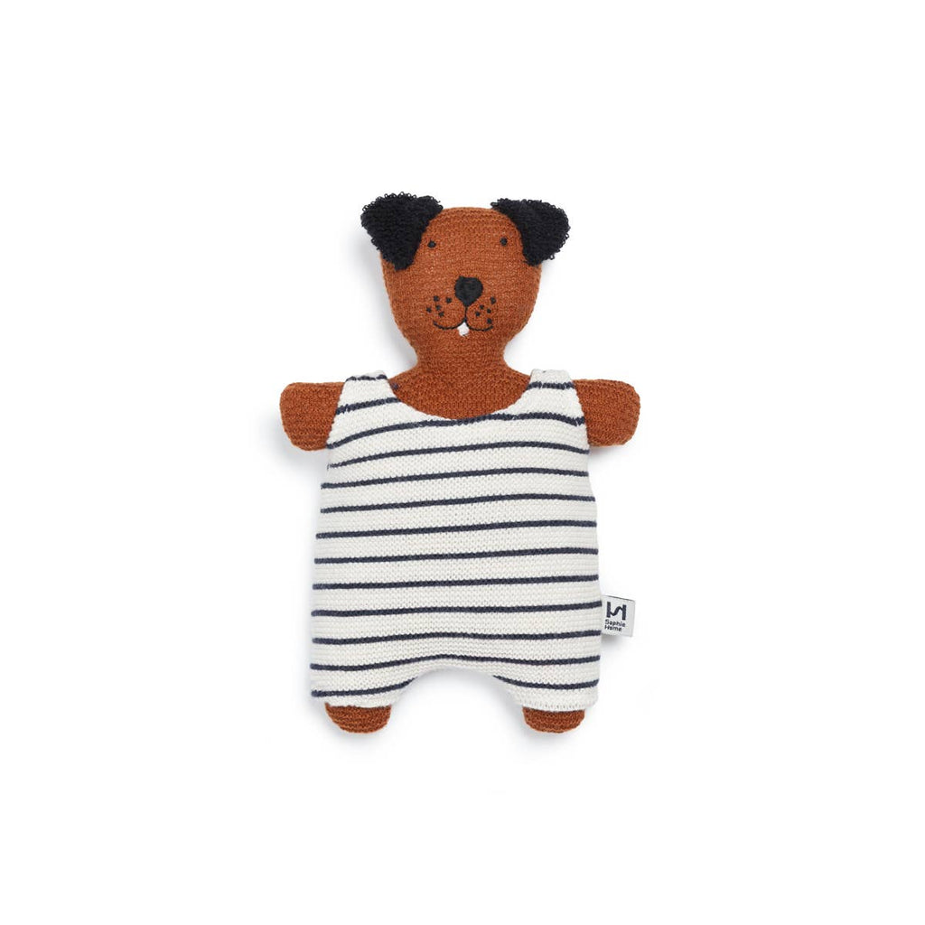 Knitted dog toy with black and white striped body on a white background