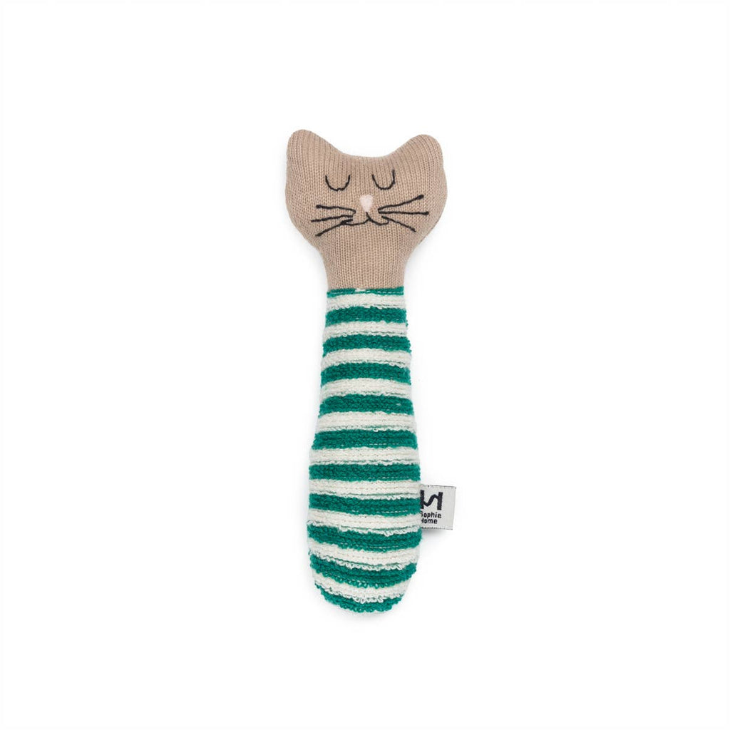 Green striped cat baby rattle toy on a white background.