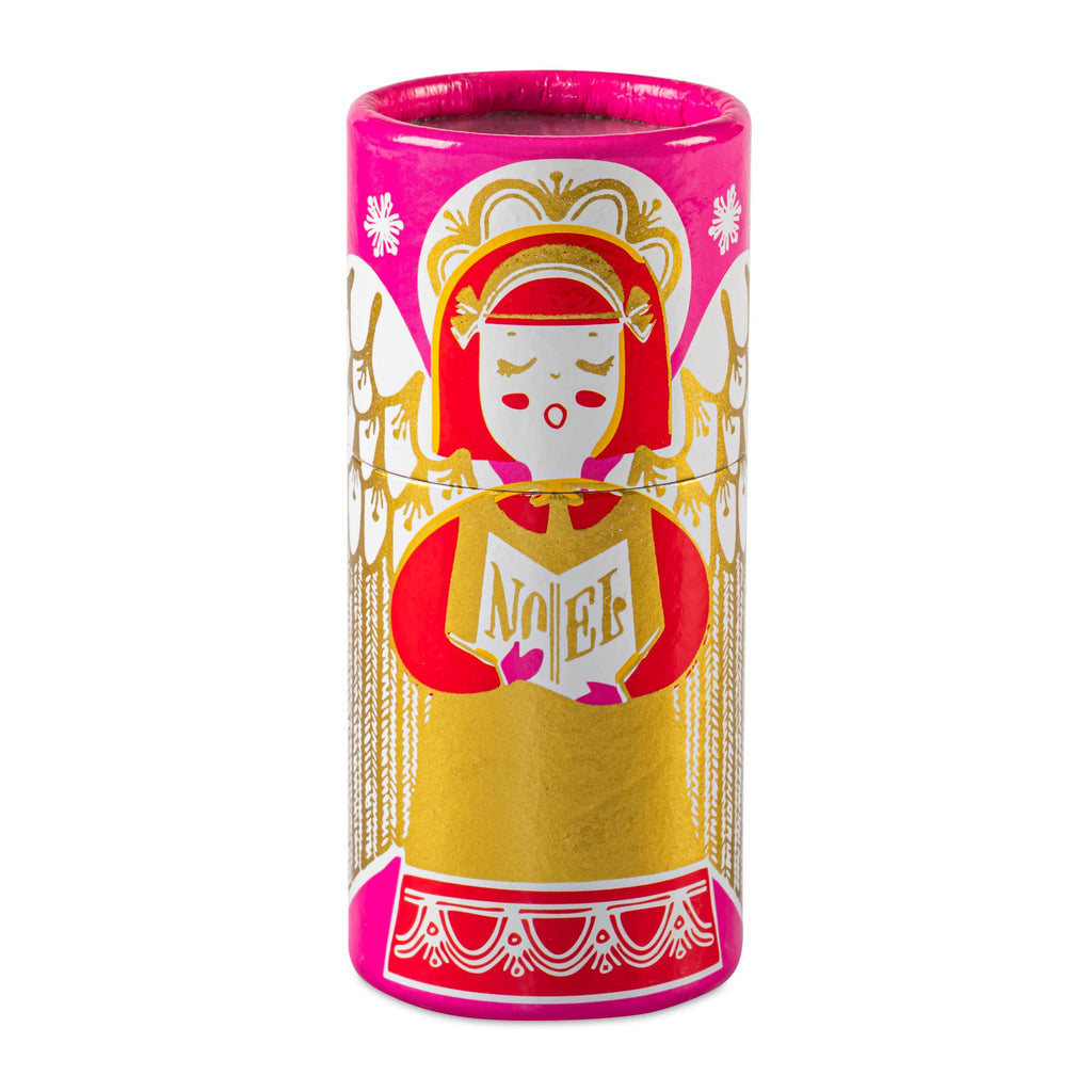 Decorative cylindrical container with a cartoon angel design on a white background