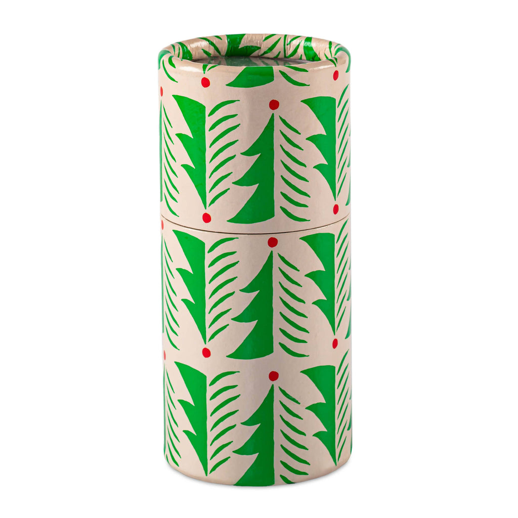 Cylindrical matches container with green Christmas tree pattern on a white background