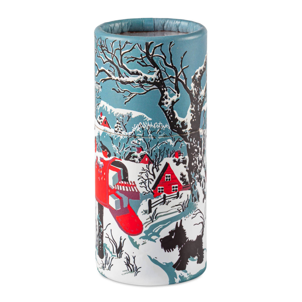 Cylindrical container featuring a winter scene design on the side.