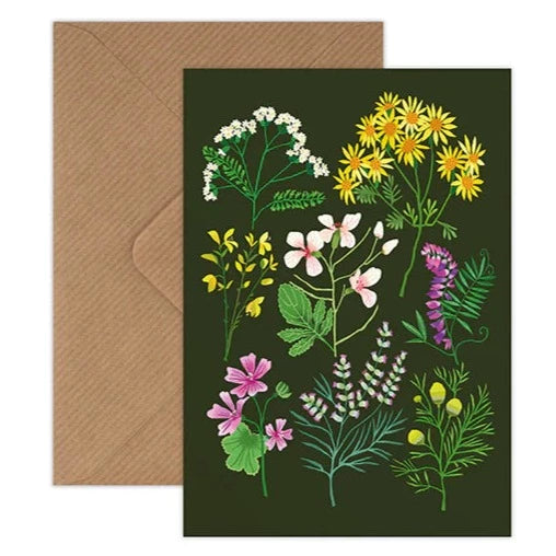 'A Walk at Snape Maltings' Greetings Card by Brie Harrison, featuring spring stems and flowers on a dark green background.