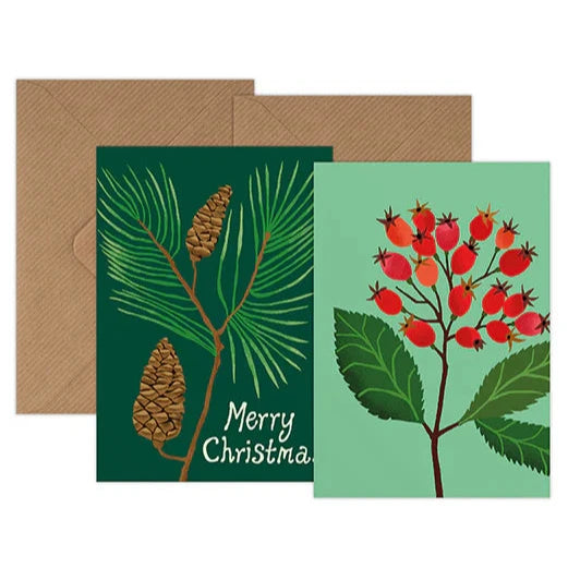 Pack of 6 Mini Christmas Cards - Pine & Winter Rosehips - Winter's Moon 