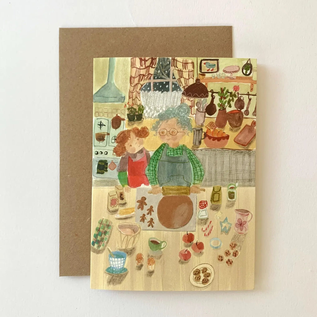 Illustrated greeting card with a family in a kitchen on a white background