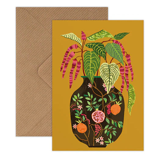 Greeting card with a vase of flowers and a brown envelope on a white background