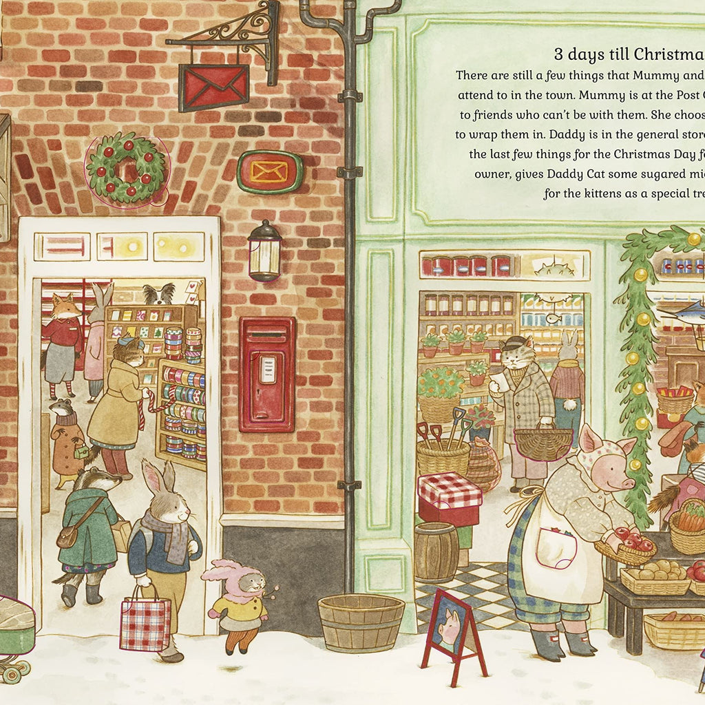 Illustrated scene from Cat Family Christmas Pop-Up bookof a town square with shops and animals, featuring a festive atmosphere.