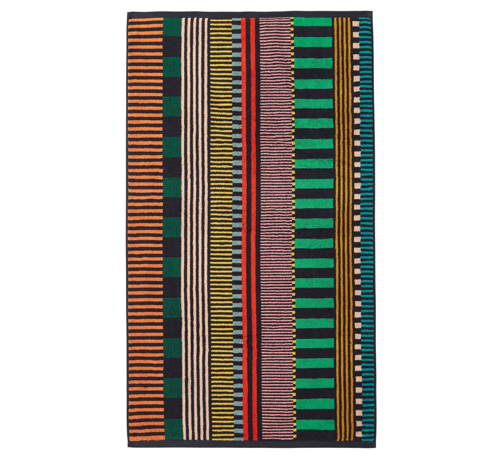 Colorful striped towel with a geometric pattern on a white background