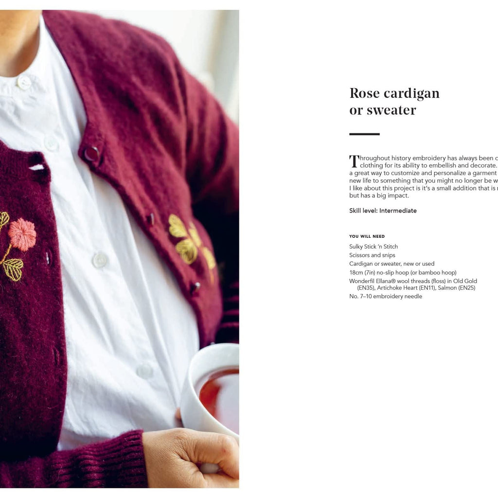 Rose cardigan or sweater with embroidery on a mannequin, text on the right side.