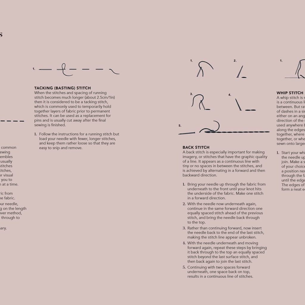 Page from a book or manual showing text and illustrations of outline stitches on a beige background.