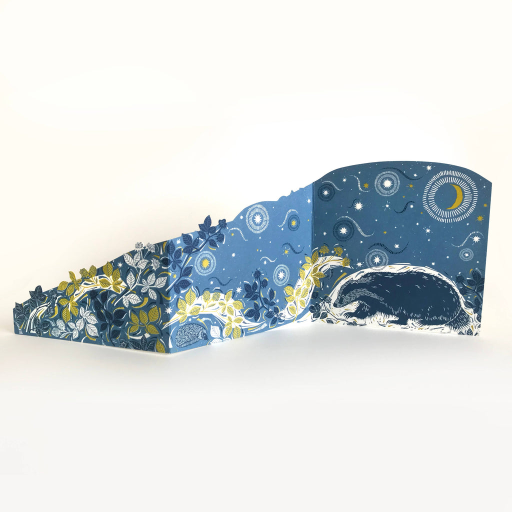 Folded Forest badger concertina blue, green, and navy starry and floral print card opened