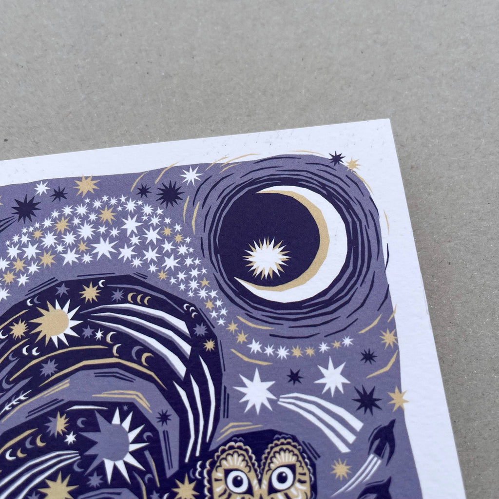 Folded Forest greeting card with owl and moon illustration close-up