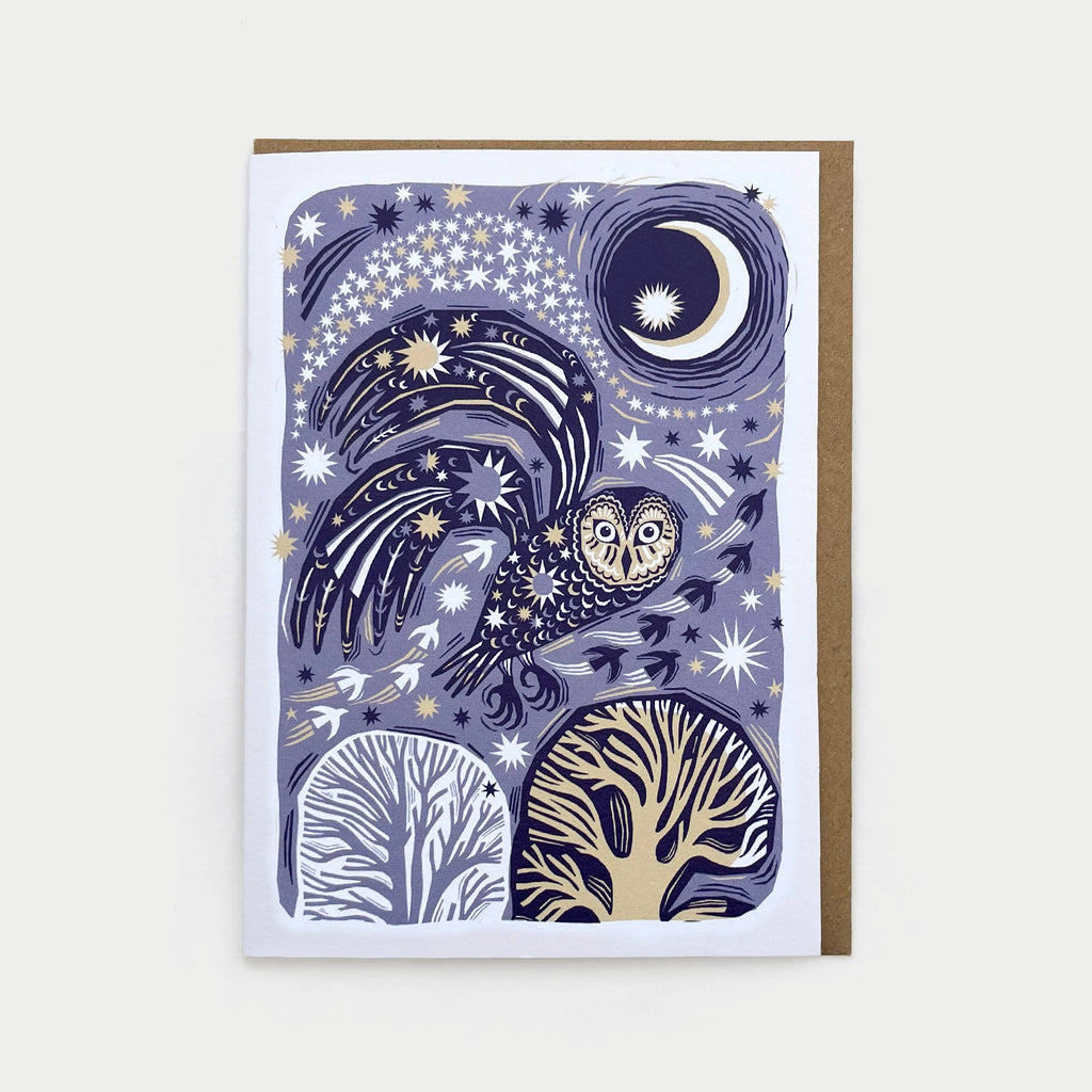 Folded Forest greeting card with owl and moon illustration on a white background