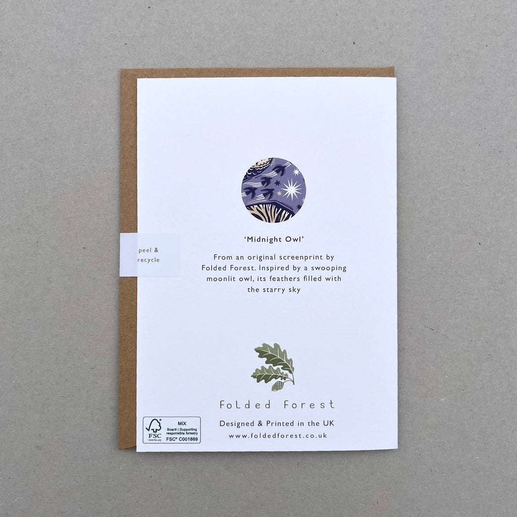 Reverse of the Folded Forest 'Midgnight Owl' greetings card