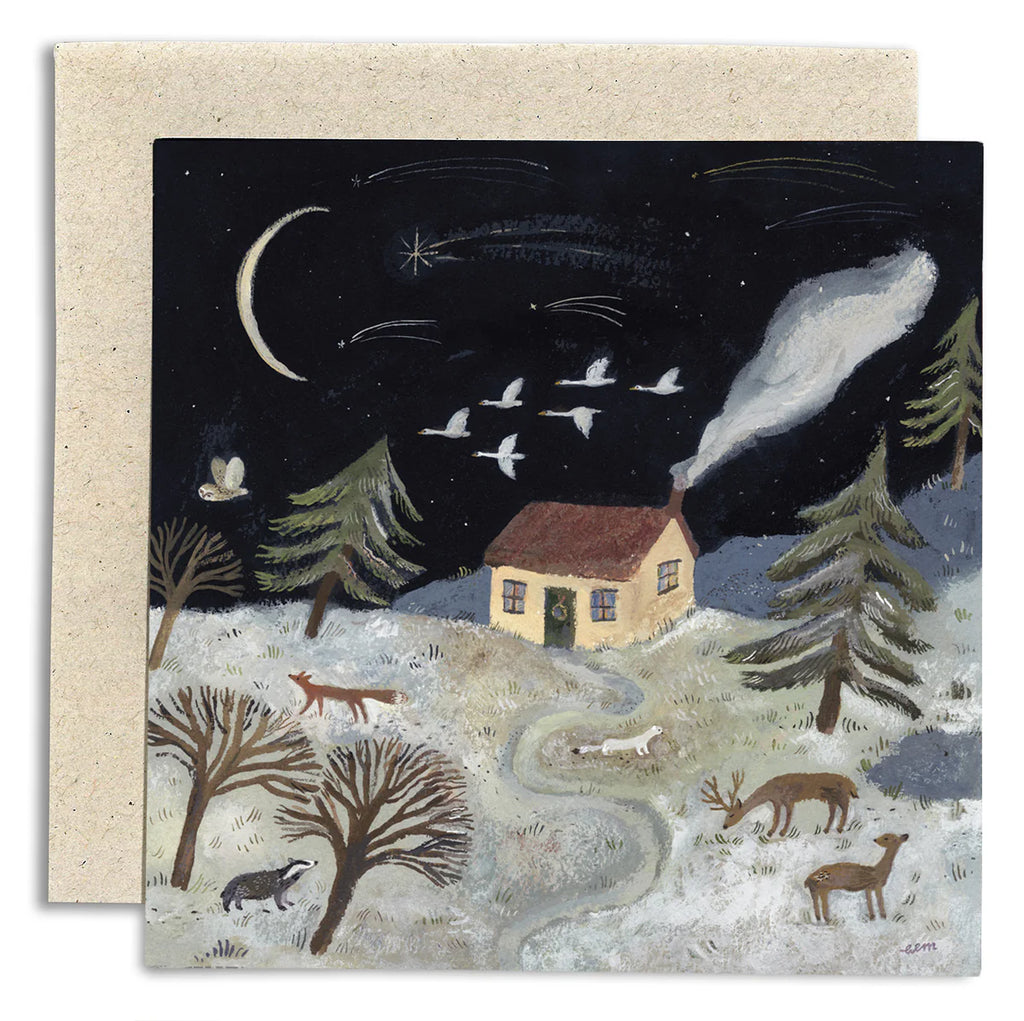 Festive winter scene with a house, animals, and a night sky with stars and moon.