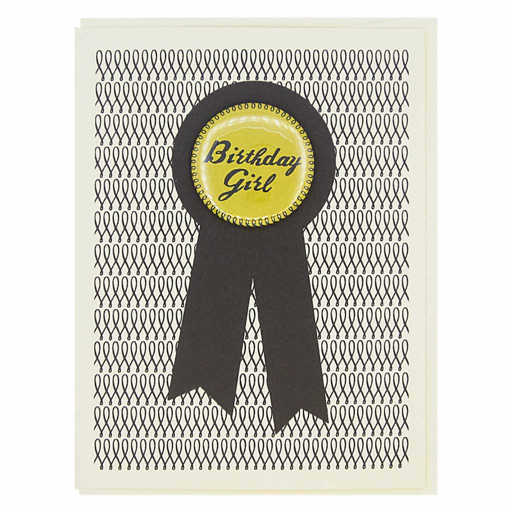 Greeting card with a black ribbon and yellow badge on a patterned background