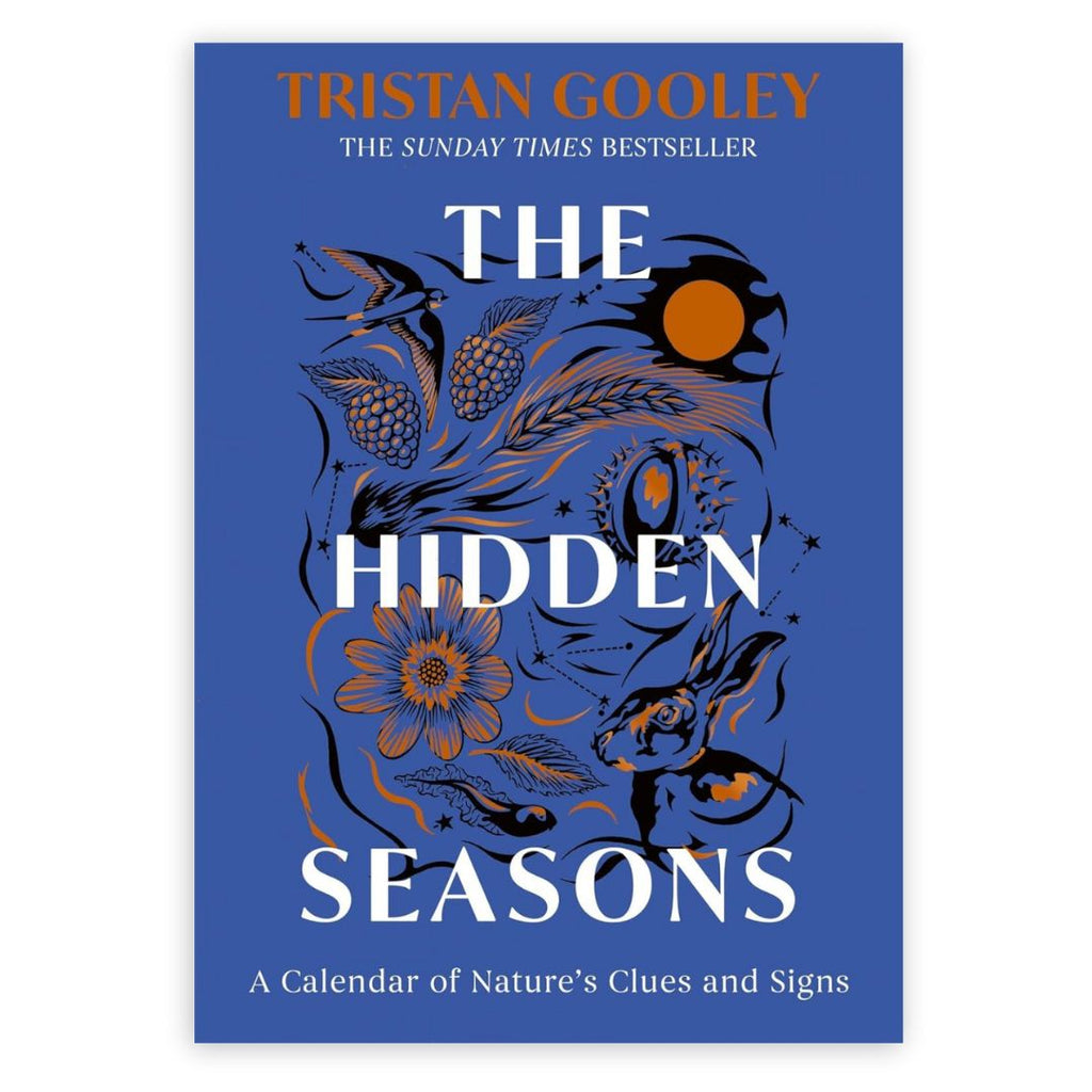 Book cover of 'The Hidden Seasons' by Tristan Gooley with nature-themed illustrations on a blue background.