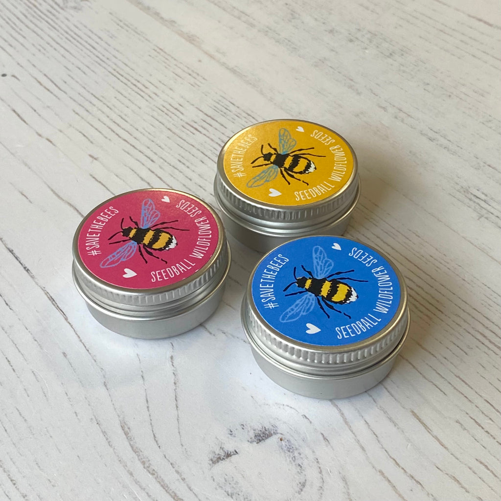 Mini silver tins of garden seeds in pink, yellow and blue by Seedball, with a bee on the lid.
