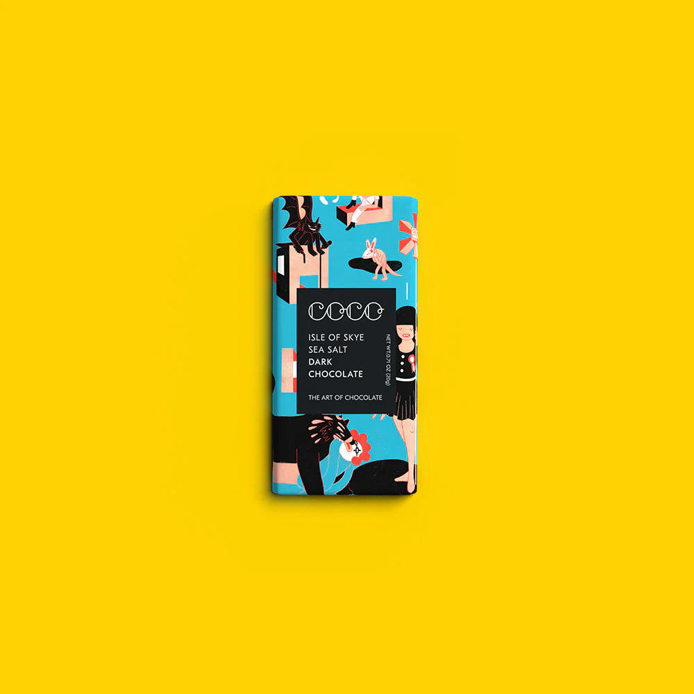 Chocolate bar with colorful packaging on a yellow background