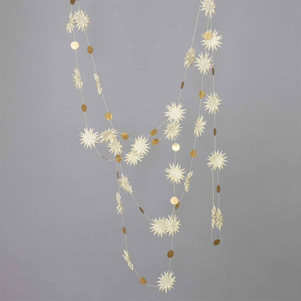 Decorative garland with star-shaped white paper and gold circles on a gray background