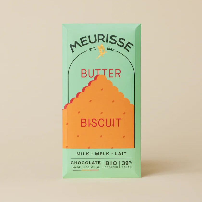 Meurisse butter biscuit chocolate bar in mint green packaging