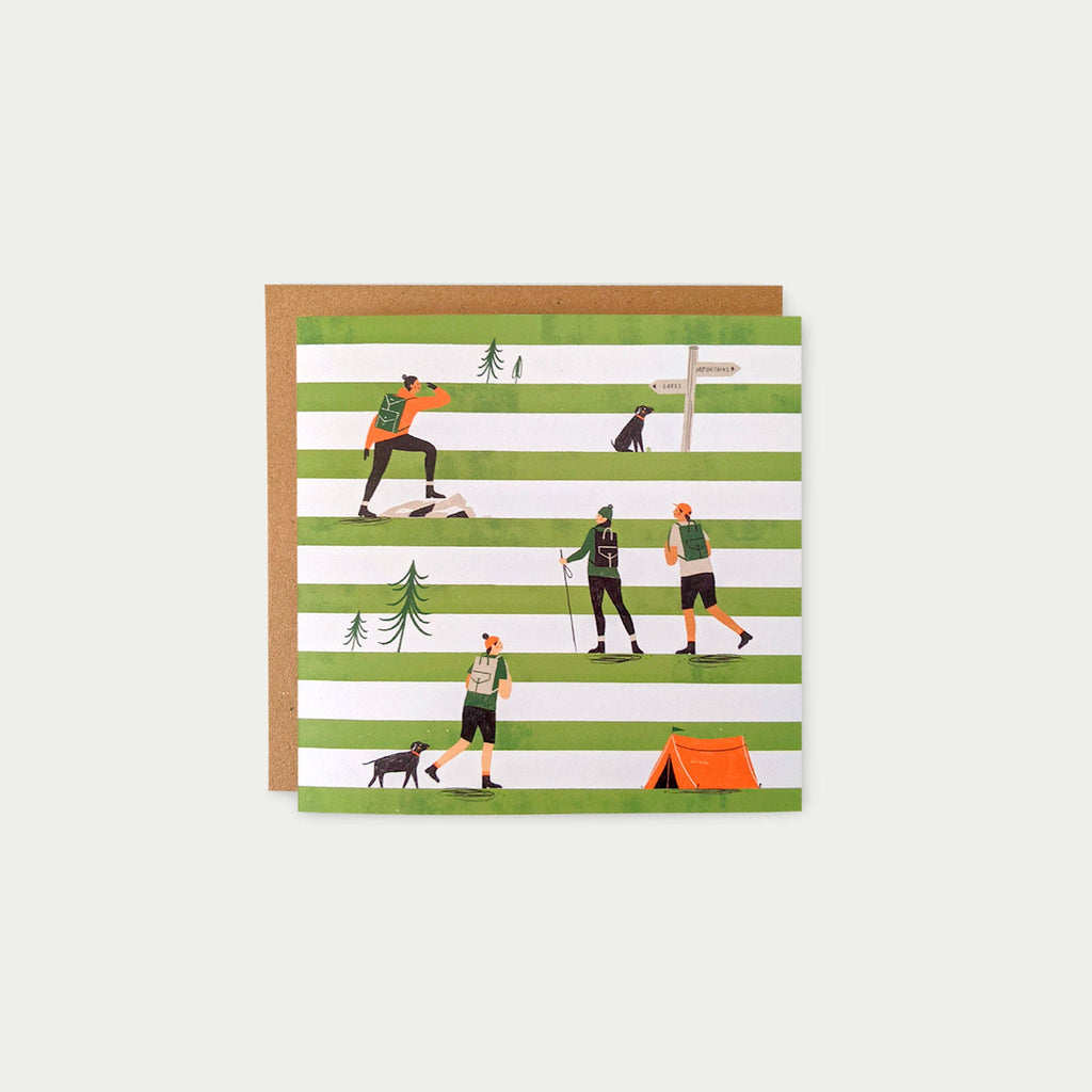Card with striped pattern featuring illustrations of people and dogs in a camping scene.