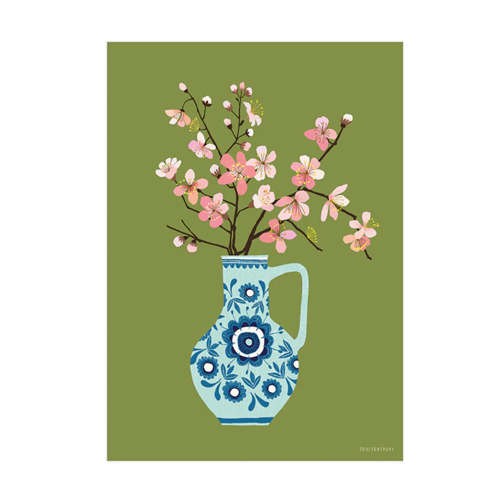 Illustrated art print by Brie Harrison, featuring cherry blossom branches in a blue floral jug on a green background.