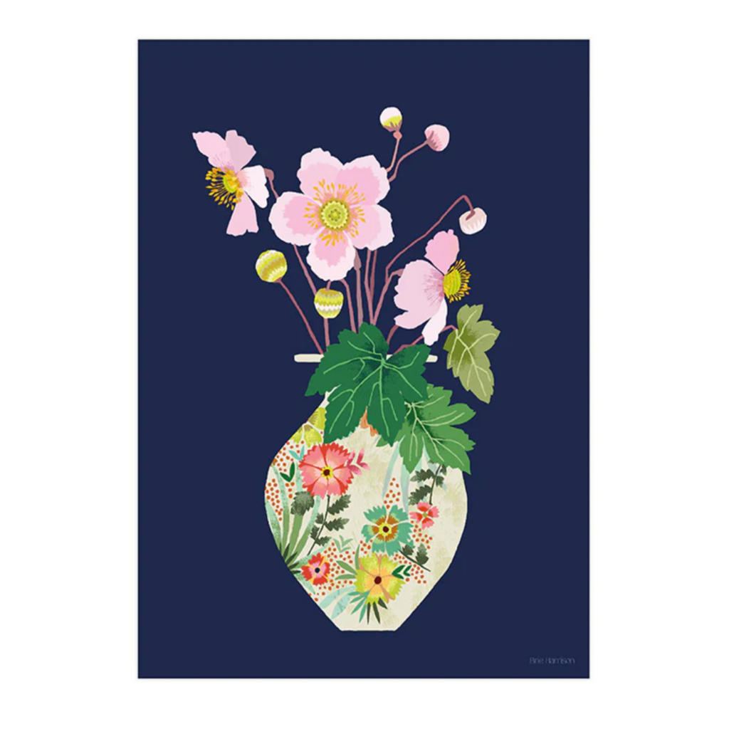 "Japanese Anemone” art print by Brie Harrison, featuring a floral vase with anemone stems, on a dark navy background.