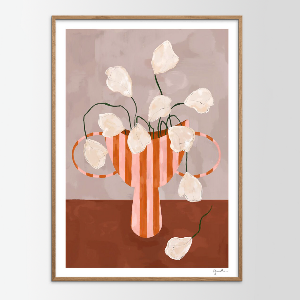 Framed artwork of a pink and orange striped vase with white flowers on a gradient background