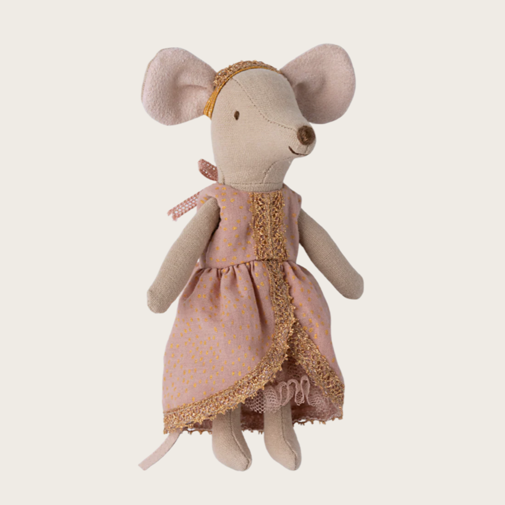 Stuffed mouse toy in a pink dress with lace trim on a white background