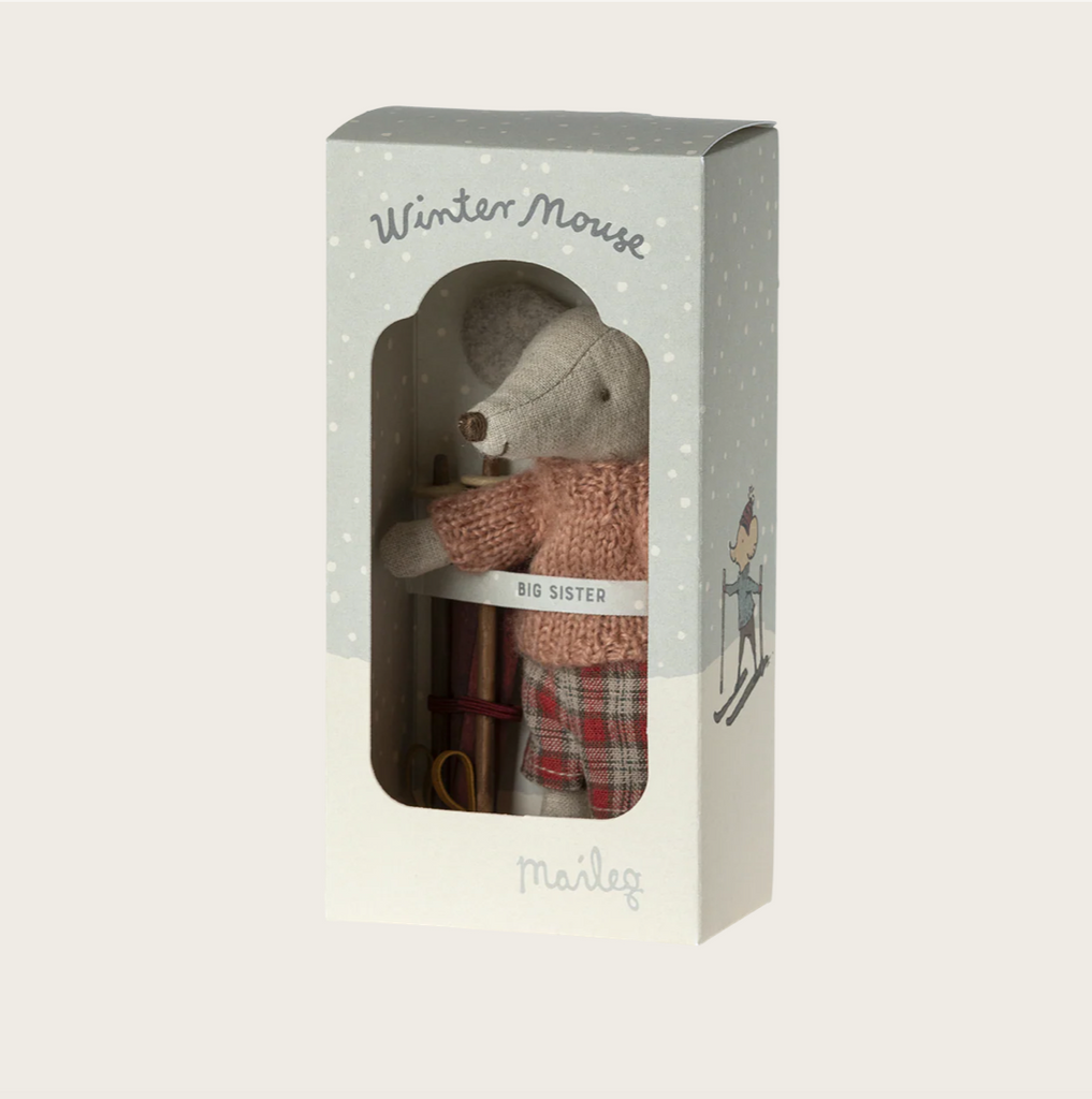Toy mouse in a packaging box with 'Winter Mouse' text on a light gray background