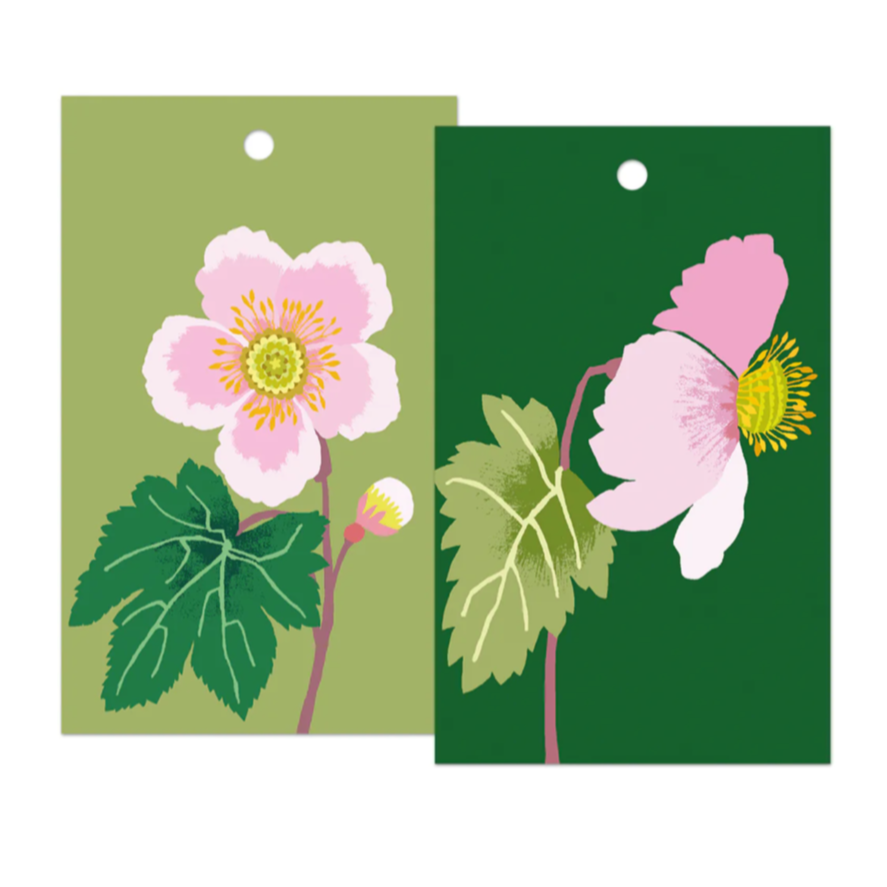 Two floral tags with pink flowers and green leaves on a white background