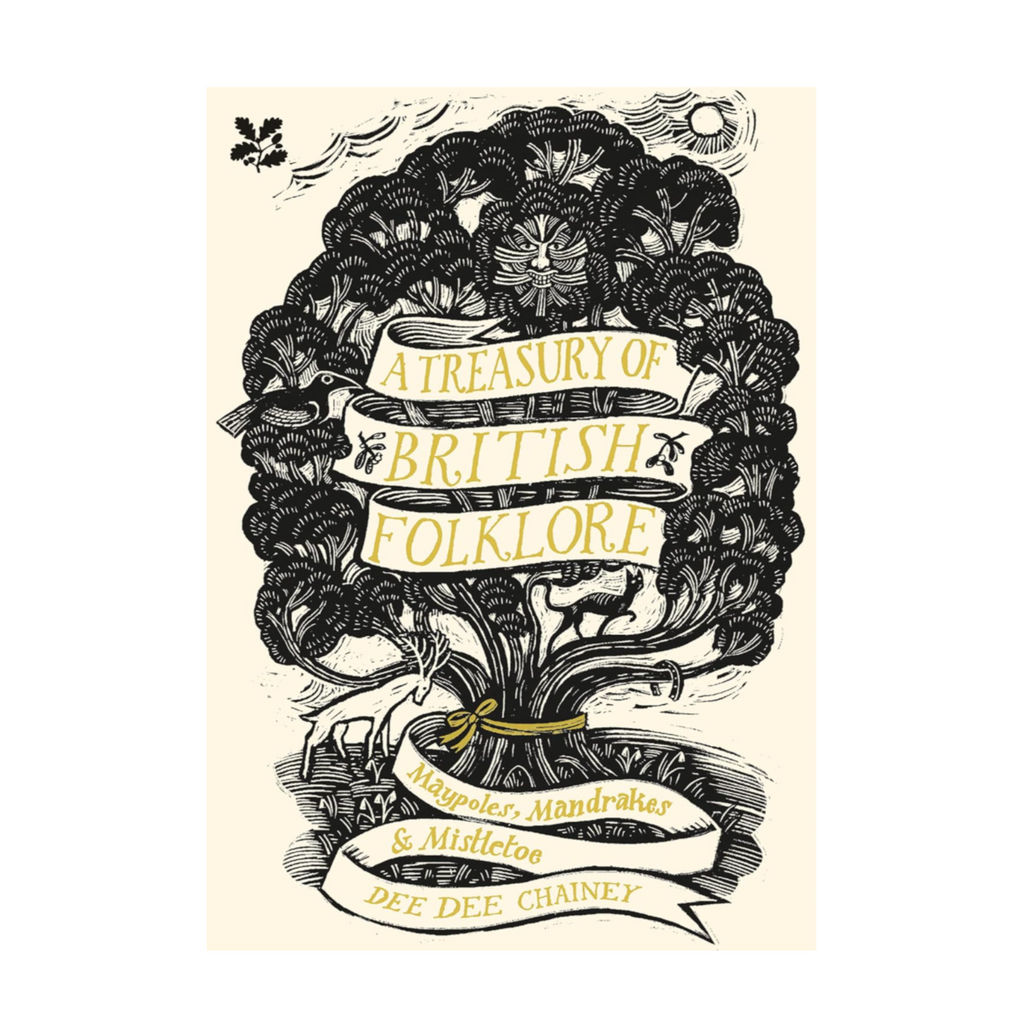 Book cover of 'A Treasury of British Folklore' with decorative text and illustrations.