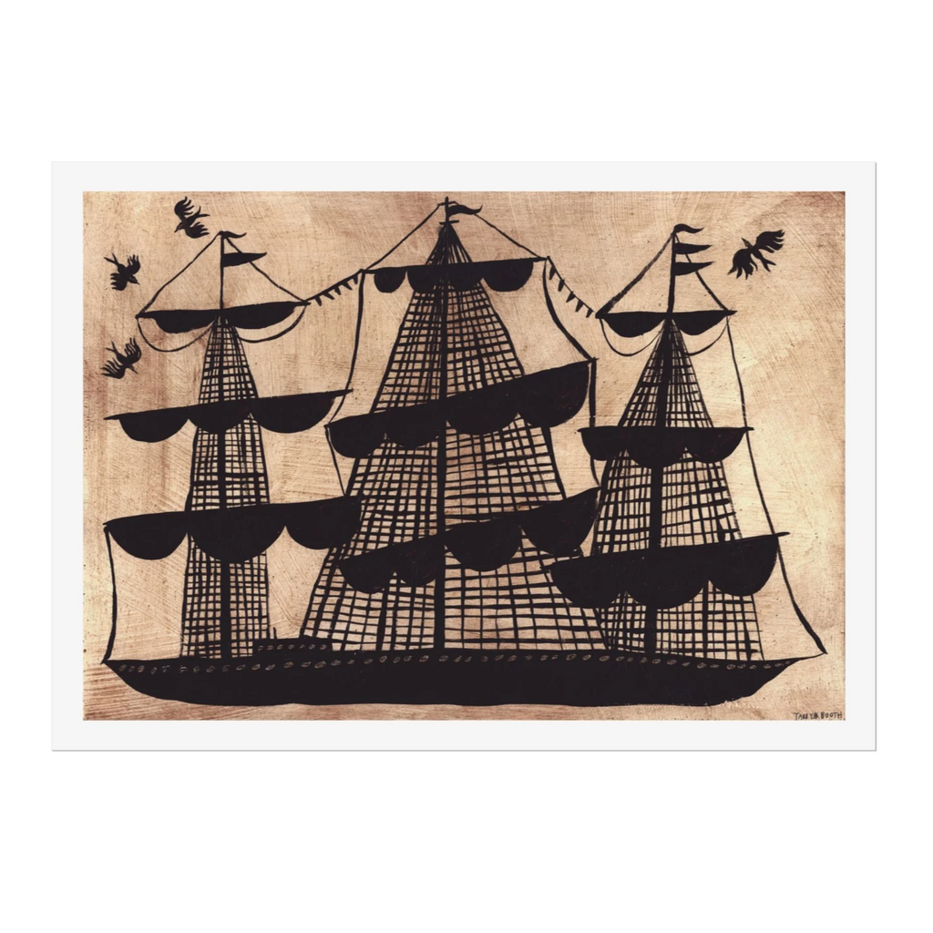 Black silhouette of a ship on a textured beige background