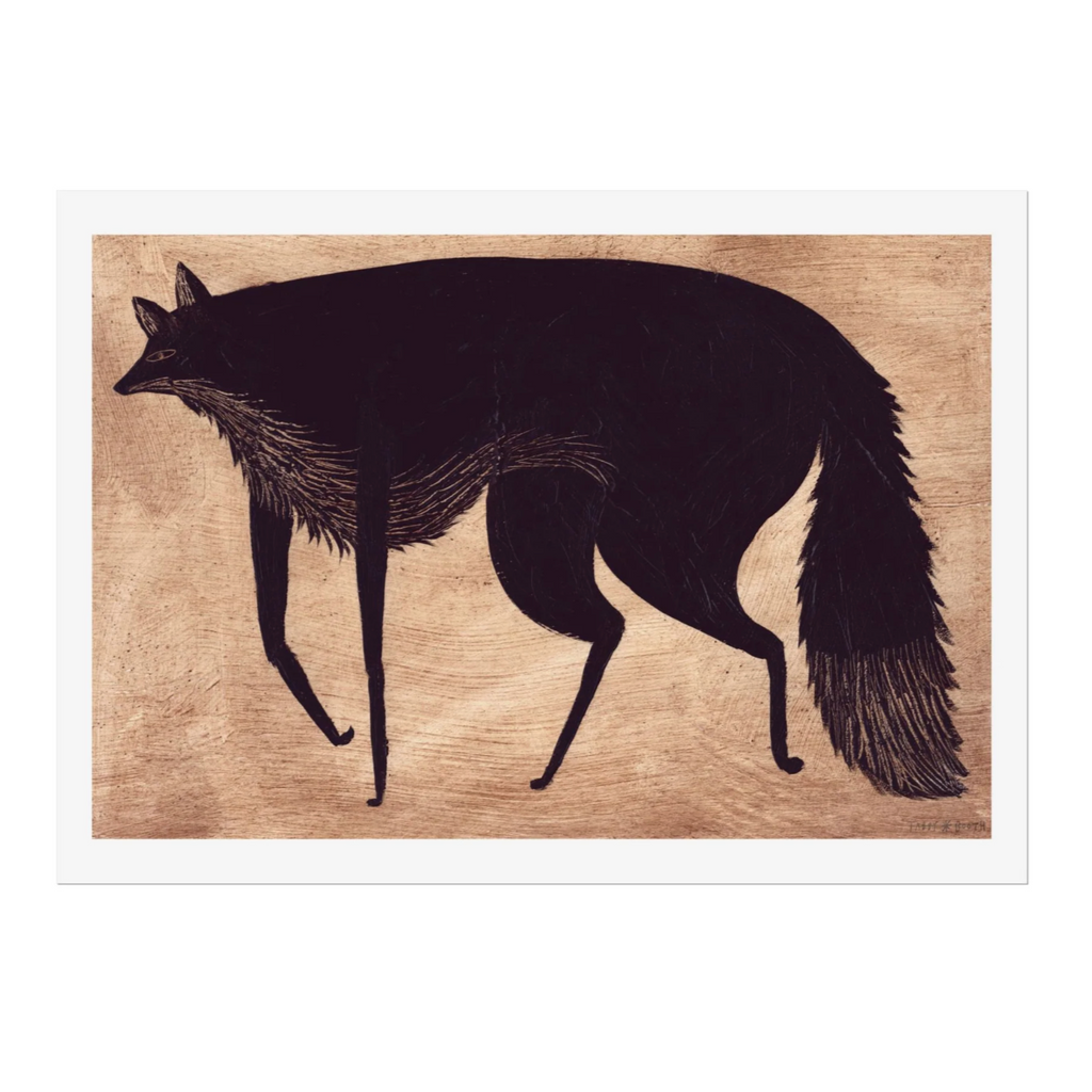 Black silhouette of a fox on a beige background