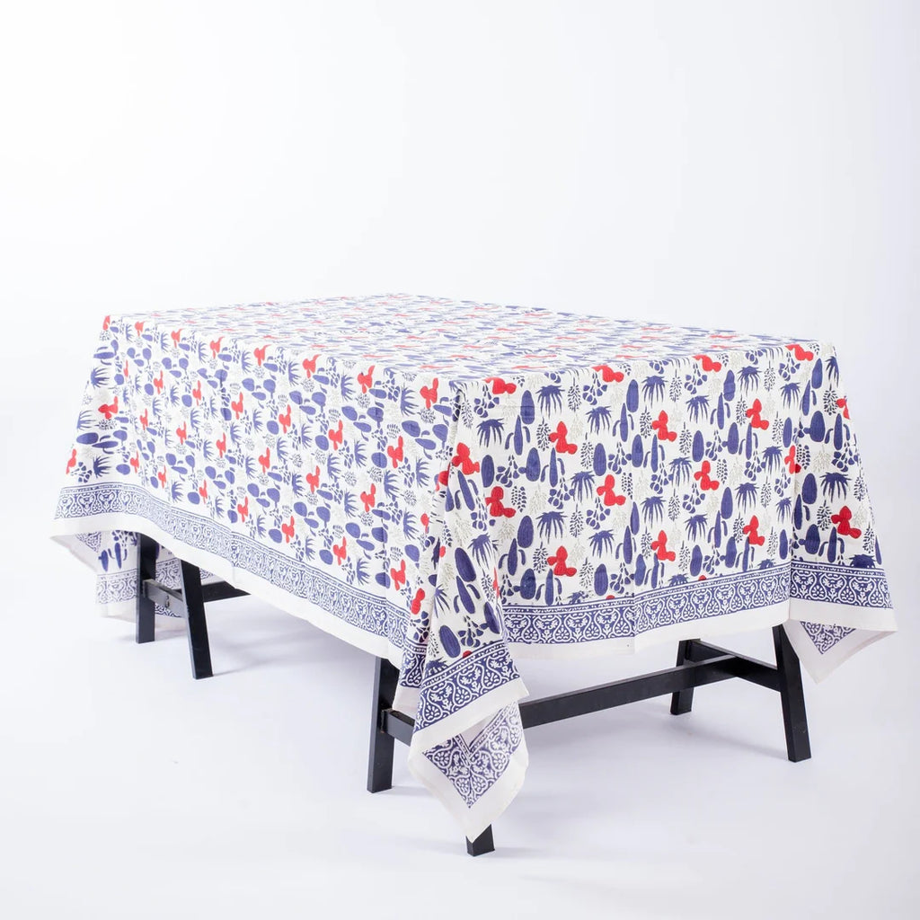 'Cactus' Fairtrade Block-Print Cotton Tablecloth | Winter's Moon